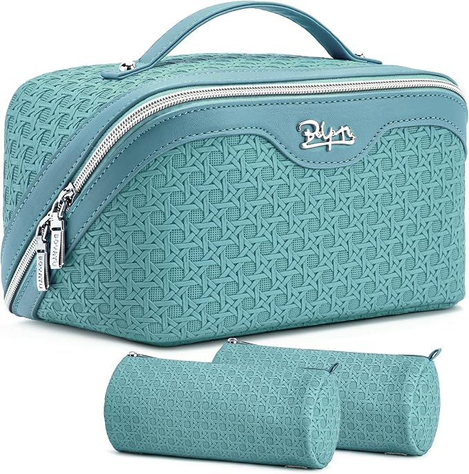 BOYATU Travel Makeup Bag Cosmetic Bags for Women: Large Capacity 3 Pcs Set Make up Bag with Compartments - Waterproof Vegan Leather Toiletry Organizer Bags with Handle (M-75Blue) by BOYATU
