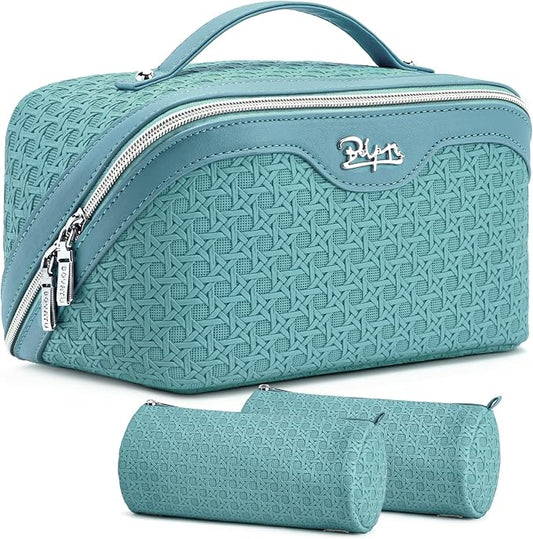 BOYATU Travel Makeup Bag Cosmetic Bags for Women: Large Capacity 3 Pcs Set Make up Bag with Compartments - Waterproof Vegan Leather Toiletry Organizer Bags with Handle (M-75Blue) by BOYATU
