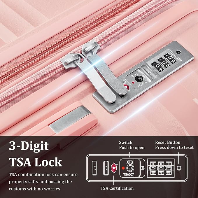 TRAVELEO 6 Piece Luggage Set PP Hardshell, Expandable Suitcase Set with Spinner Wheels (20/24/28), Includes 14" Cosmetic Case, Travel Duffel & Toiletry Bag, Lightweight TSA Lock Nested Set (Pink) - Image 6