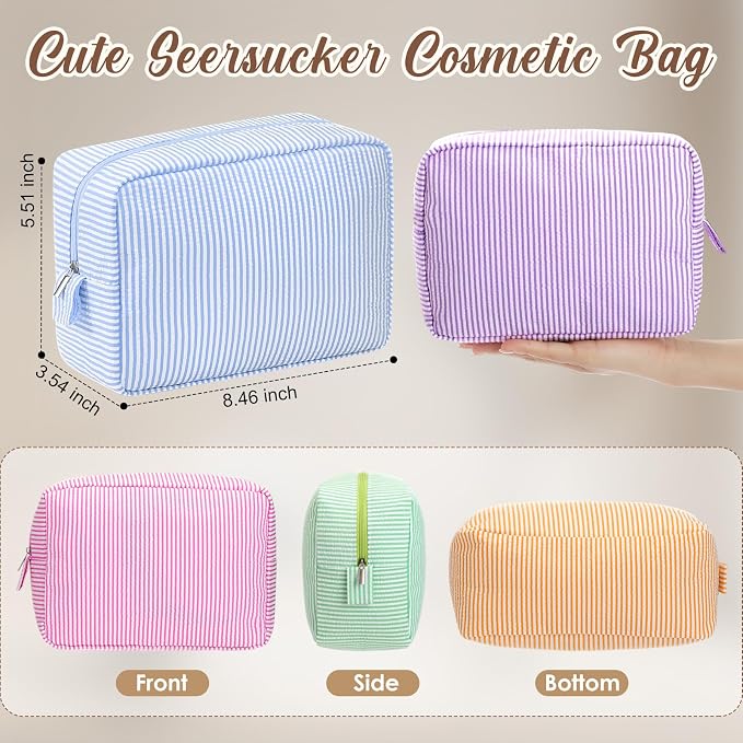 Sanwuta 9 Seersucker Cosmetic Bag Bulk Striped Makeup Bag for Women Aesthetic Cute Travel Toiletry Organizer Preppy Storage Pouch for Wedding Bridesmaid Mother's Day Teacher Gift (Large,Candy Color) - Image 2