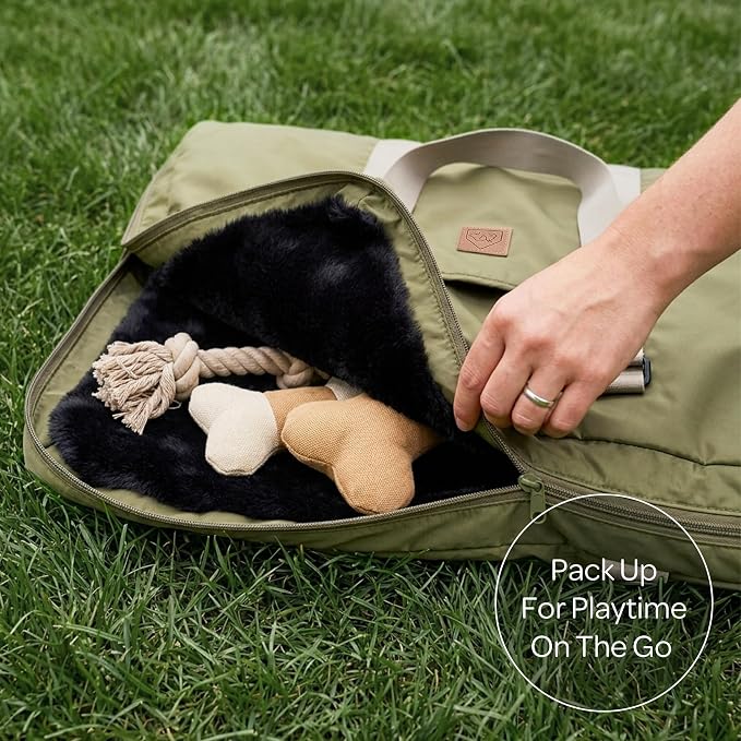 4 Cats & Dogs Gus Travel Bed – Portable Foldable Dog Bed & Pet Cushion Mat with Soft Faux Fur, Water-Resistant Nylon, Zippered Suitcase Design for Camping & Travel- Large (33.5″ x 47.25″), Army - Image 6