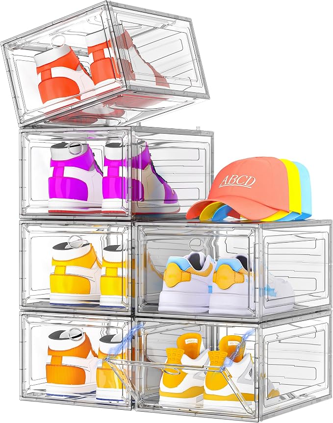 7 code Shoe Organizer, Clear Thickened Stackable Shoe Boxes with Magnetic Door, Collapsible Closet Storage Rack for Sneakers & Boots, 6 Pack White, Virgin Material, Not Recycled Plastic for Household by 7+code