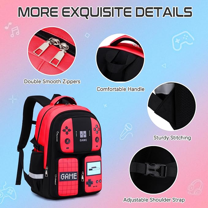 Jafeton Gamer Backpack for Boys, 3PCS Boys Backpack with Lunch Box & Pencil Pouch, Waterproof School Bags for Boy Kids Children Teens, Elementary Middle School, Kids Book Bag Casual Daypack (Red) - Image 5