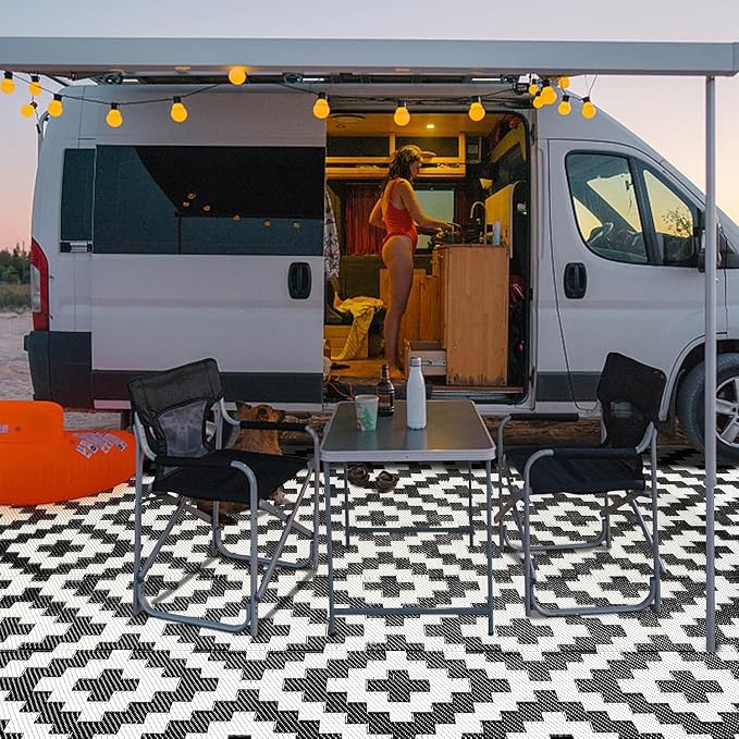 Outdoor Rugs, Outdoor Plastic Straw Rug, Reversible Waterproof Carpet for Camping, Poolside, Garden, BBQ Area, Gazebo Flooring, RV Park & Beach, Square Pattern, Black & White, 5'x8' - Image 2