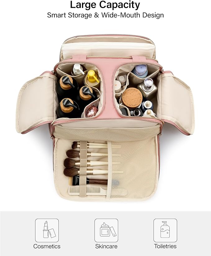 Hanke Travel Toiletry Bag, Lightweight Wide-open Large Toiletry Bags for Women, Dual-Layer Makeup Bag Water-Resistant Cosmetic Travel Bag with Handle for Accessories, Essentials, Pink - Image 2