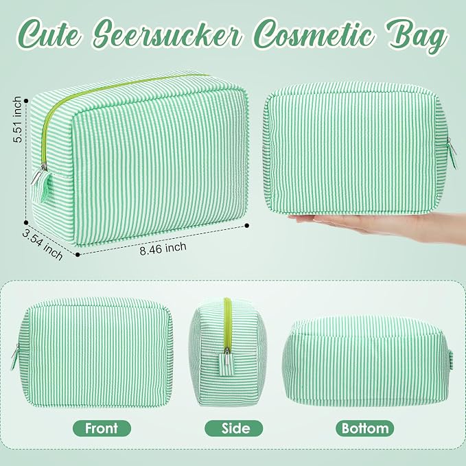 Sanwuta 6 Seersucker Cosmetic Bag Bulk Striped Makeup Bag for Women Aesthetic Cute Travel Toiletry Organizer Preppy Storage Pouch for Wedding Bridesmaid Mother's Day Teacher Gift (Large,Green) - Image 2