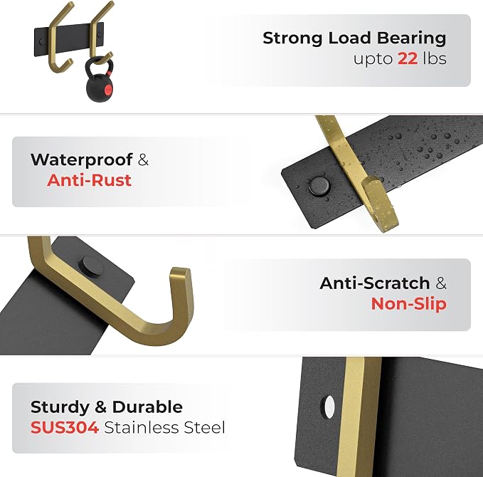 Small Coat Rack Wall Mount – Black and Gold Hook Rail with 2 Double Coat Hooks, 6 Inch Stainless Steel Wall Hooks for Entryway, Bathroom, Bedroom, Closet, Towel, Hat, Bag, Heavy Duty Organizer - Image 3