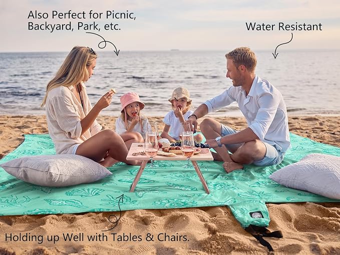 WEKAPO Beach Blanket Waterproof Sandproof Oversized, Extra Large Beach Mat Sand Free, Lightweight & Compact Sand Free Mat with 5 Stakes & 4 Corner Pockets - Image 4