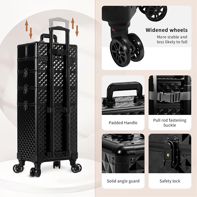 AROUS Rolling Makeup Train Case 4 in 1 Cosmetology Case on Wheels Large Storage Cosmetic Trolley with Key Salon Barber Case Traveling Cart Trunk, Black - Image 6