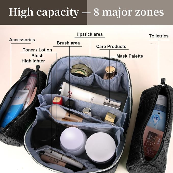 BOYATU Travel Makeup Bag Cosmetic Bags for Women: Large Capacity 3 Pcs Set Make up Bag with Compartments - Waterproof Vegan Leather Toiletry Organizer Bags with Handle (L15 Black) - Image 3
