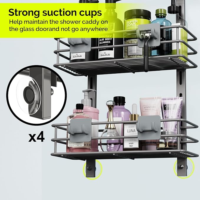 Orimade Over The Door Shower Caddy Adjustable 5 Tier Dark Grey,Bathroom Hanging Organizer Shelf Rustproof with 4 Hooks,Shower Basket with Soap Holder and Suction Cup - Image 6