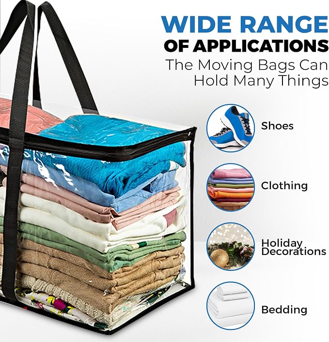 VitalUp 4 Pack Clear Large Moving Bags, Heavy Duty Storage Bags, College Totes, Storage Bins, for Organizing Blankets, Clothing for College, Dorm, Packing, Durable with Zipper and Handle 25x14x12 - Image 3