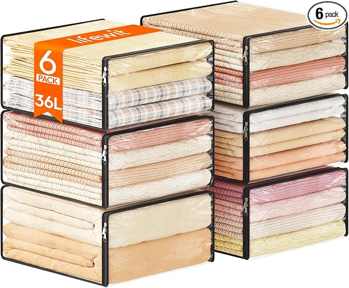 Lifewit 36L Clear Sheet Storage Bags with Zipper 6 Pack, Plastic Sweater Storage Bins for Clothing, Vinyl Foldable Clothes Containers Organizers for Closet, Blankets, Bedding 17.7 x 15.7 x 7.9 Inch by Lifewit