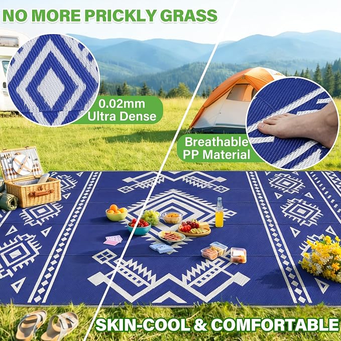 GOTGELIF 9x12 ft RV Camping Rug Waterproof, Large Reversible Bohemian Outdoor Plastic Straw Mat with Carry Bag, 4 Stakes & Seam, UV-Resistant Portable Carpet for Patio Pool Beach Deck (Blue & White) - Image 5