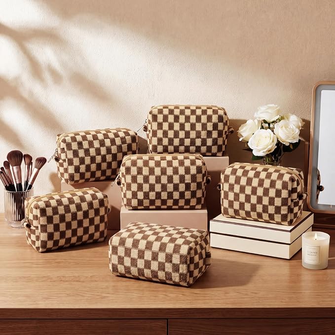 Gilprop 8 Pcs Checkered Makeup Bag for Purse Small Cosmetic Pouch Bulk Portable Zipper Makeup Pouch Travel Toiletry Organizer Gifts for Women Bridesmaid Wedding Party Favors (Brown) - Image 4