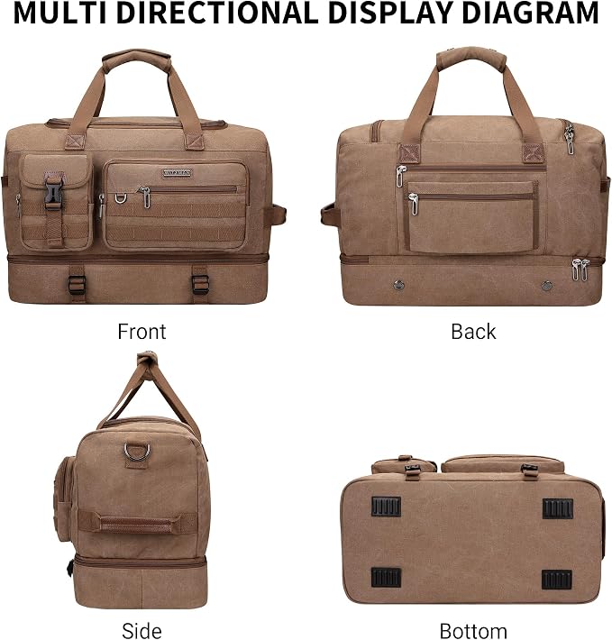 WITZMAN Duffle Bag for Men 50L Travel Canvas Weekender with Toiletry Bag | With Shoe Compartment and Dry-wet Pocket, Convertible, Carry On, One Duffel for Gym, Sports, Overnight, A8010/2 Brown - Image 8