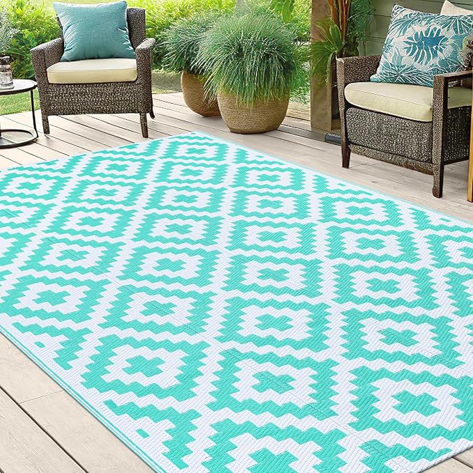 Smiry Waterproof Outdoor Rug 5x8 ft, Reversible Plastic Straw Patio Camping Rugs, Outdoor Indoor RV Mat Carpet for Patio, Outside Entry, Backyard, Deck, Bench, Picnic, Camper, White & Teal - Image 6
