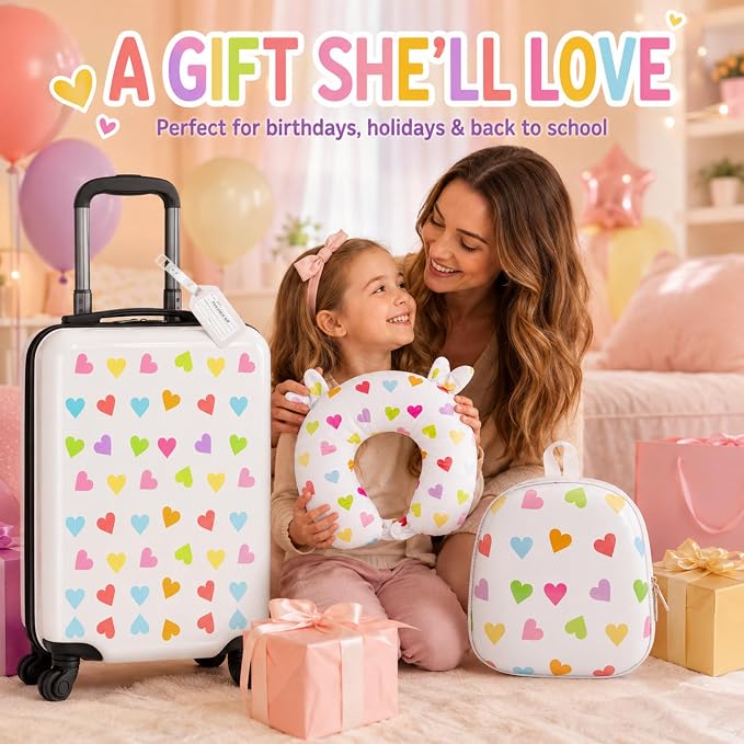 Sanwuta 4 Pcs Kids Luggage Set Back to School Gifts for Girls Boys Carry On Rolling Suitcase Backpack Neck Pillow Travel Set(20 Inch,Heart Style,White) - Image 7