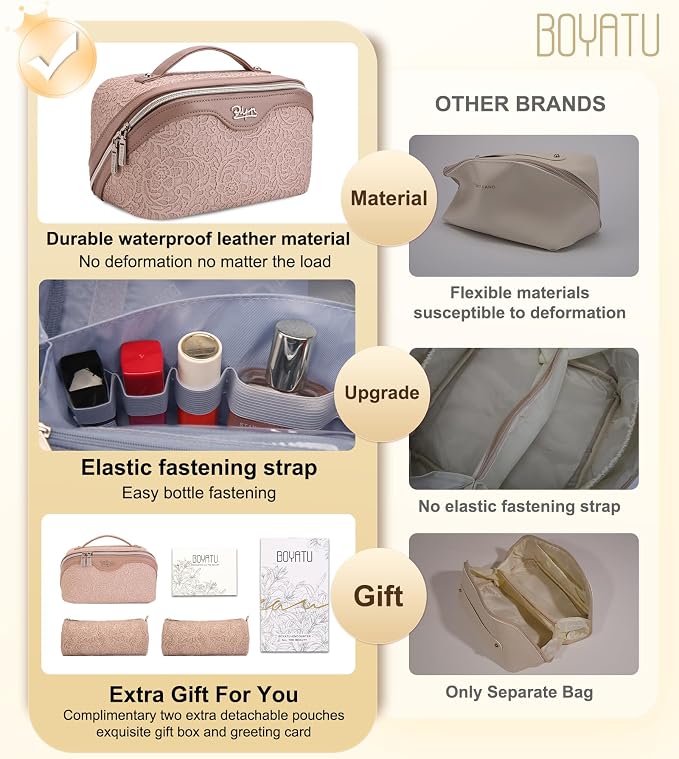 BOYATU Travel Makeup Bags Cosmetic Organizer Bag: 3-Set Large Capacity Make up Bag - PU Leather Toiletry Bags for Women - Wide Open Portable Pouch with Divider & Handle (A-Light Pink) - Image 2