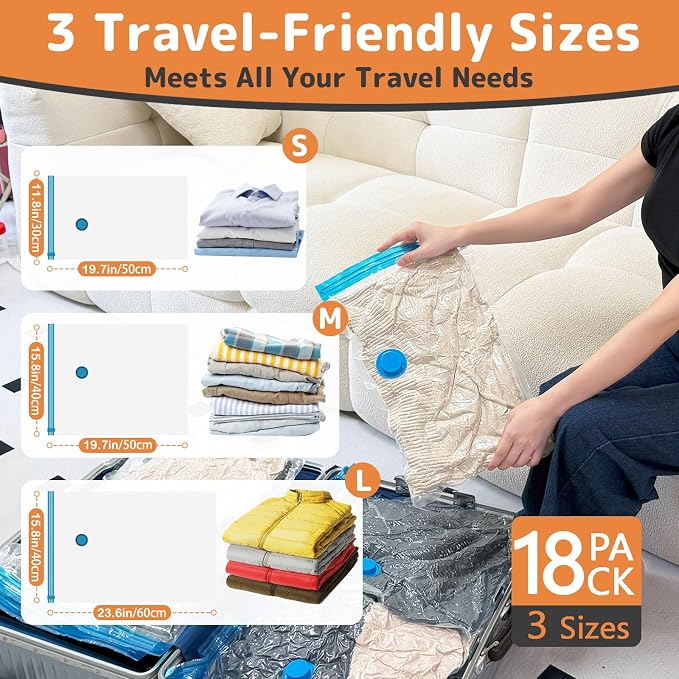 18 Pack Vacuum Bags for Travel with Rechargeable Air Pump, Carry-On Compression Bags for Luggage and Suitcase, Space Saver Storage for Clothing and Travel Organization - Image 4