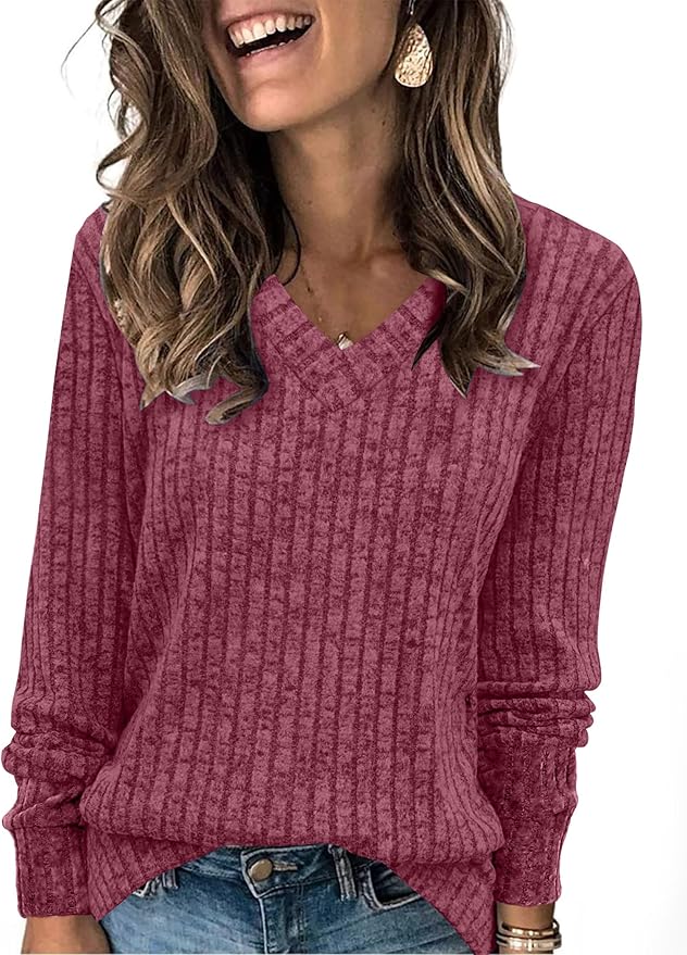 Sampeel V Neck Long Sleeve Shirts for Women Casual Fall Tops Lightweight Tunic Sweaters Fashion Clothes Loose Fit 2025
