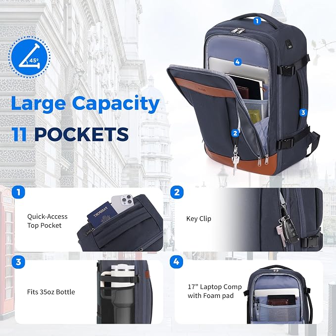 ECOHUB 19" Travel Backpack for Men Women 30L Large Carry-On Backpack with 17.3 In Laptop Compartment,Grey - Image 6