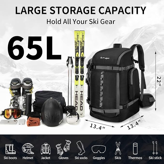 65L Ski Boot Bag,Large Duffle Travel Bag,1680D Nylon Waterproof Padded Ski Boot Bag Backpack For Women Men Kids - Image 3