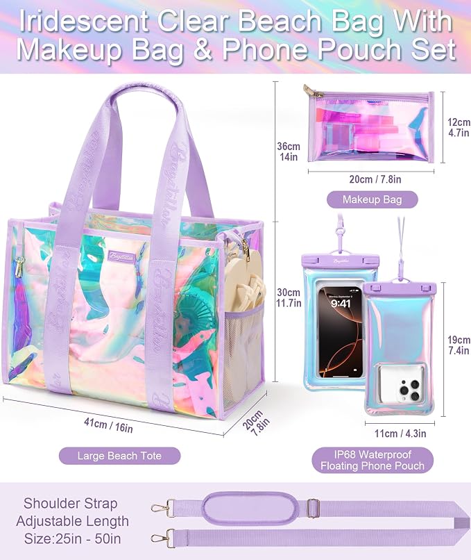 Bagstellar Iridescent Beach Bag, Jelly Tote Bag with Phone Pouch Makeup Bag | Large Beach Bags Waterproof Sandproof, Zipper Beach Tote Clear Pool Swim Boat Bag for Women Summer Travel Cruise Essentials - Image 4