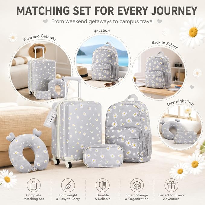 Redbaker 6 Pcs Kids Luggage Set, 17 Inch Rolling Suitcase with Backpack Lunch Bag Neck Pillow, Grey Daisy Travel Set for Summer Vacation Sleepover Back to School Gift - Image 5