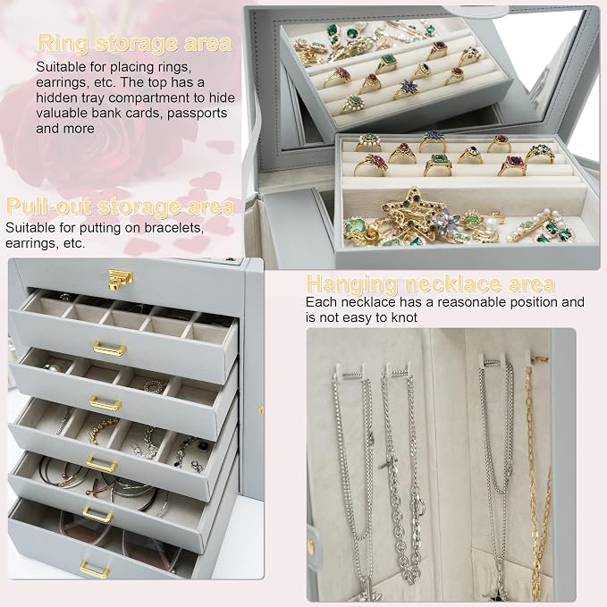 AKOZLIN 6-Tier Jewelry Box Organizer Functional 5 Drawers Leather Jewelry Storage Case for Women Girls Ring Necklace Earring Bracelet Holder Organizer with Mirror Extra Large Grey - Image 2