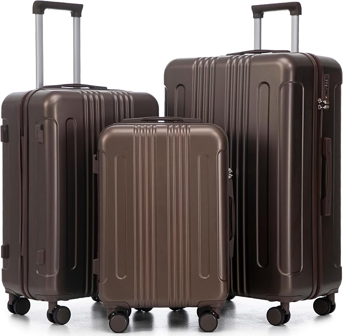 Hardshell Luggage Sets, Lightweight Stripes Suitcases with Spinner Wheels, Brown-222 by Merax