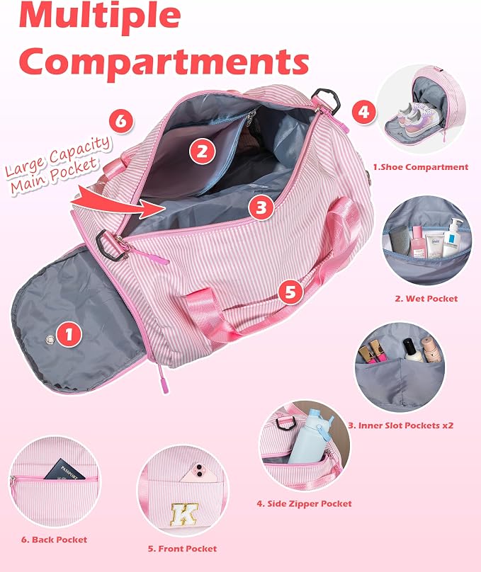 Gift for 11 Year Old Girl, Girls Travel Duffle Bag, Kids Initial Overnight Bags with Shoe Compartment, Personalized Weekender Bag with Makeup Pouch, Dance Recital Gifts (Letter K) - Image 6