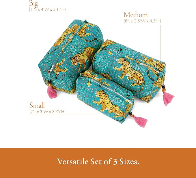 Saffron Marigold Quilted Makeup Bag Set of 3, Hand Block Printed Cotton Cosmetic Bags for Women, Waterproof Lined Travel Toiletry Bag, Coquette Aesthetic, Handmade Gift, Turquoise Cheetah Trails - Image 4