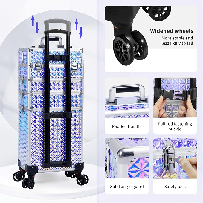 AROUS 5 in 1 Rolling Makeup Train Case with Lid Cosmetology Case on Wheels | Large Cosmetic Trolley Organizer with Keys Salon Barber Case Traveling Cart Trunk for Artist Hairstylists Nail Tech, Silver - Image 6