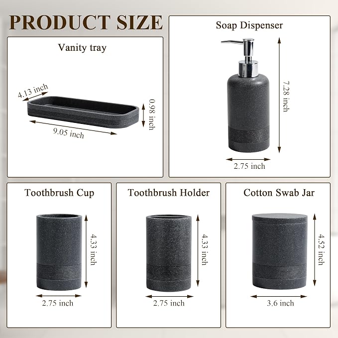 Bathroom Accessories Set, 6-Piece Bathroom Accessory Set, Toothbrush Holders Set, Soap Dispenser, Vanity Tray, Tumbler, Cotton Swab Jars, Bathroom Organizer for Modern Bathrooms(Black) - Image 7
