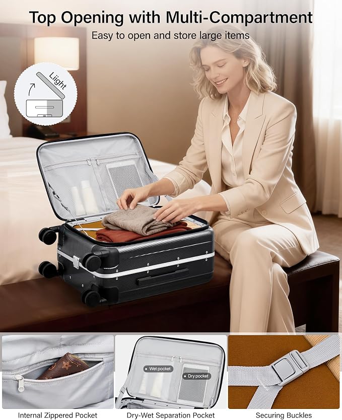 Hanke 20 Inch Carry-On Luggage PC Hard Shell Suitcases for Travel Front Opening Aluminum Frame Travel Luggage Rolling Suitcase with Wheels for Women Man Gifts.(Jet Black) - Image 5