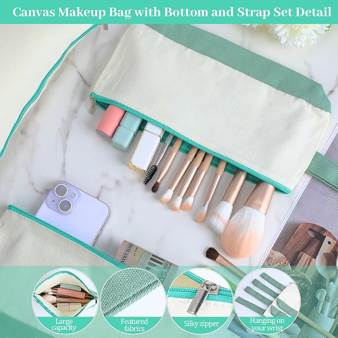 Silkfly 15 Pcs Cotton Canvas Makeup Bags Cosmetic Zipper Bags 10.2 x 5.5 x 2'' Blank DIY Pouch Bulk Pencil Case with Bottom Travel Toiletry Pouch for Women Craft Decor Gift (Beige and Green) - Image 3
