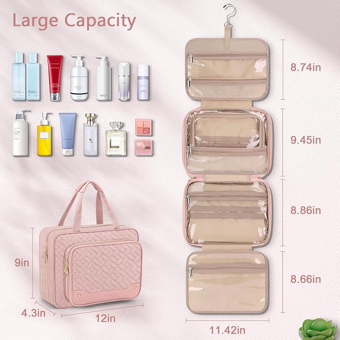 Wedama Toiletry Bag for Women, Hanging Travel Toiletry Bag with Jewelry Organizer Compartment Large Makeup Bag, PVC Waterproof Cosmetic Travel Bag for Travel Business Trips Camping Bathroom, Pink - Image 4