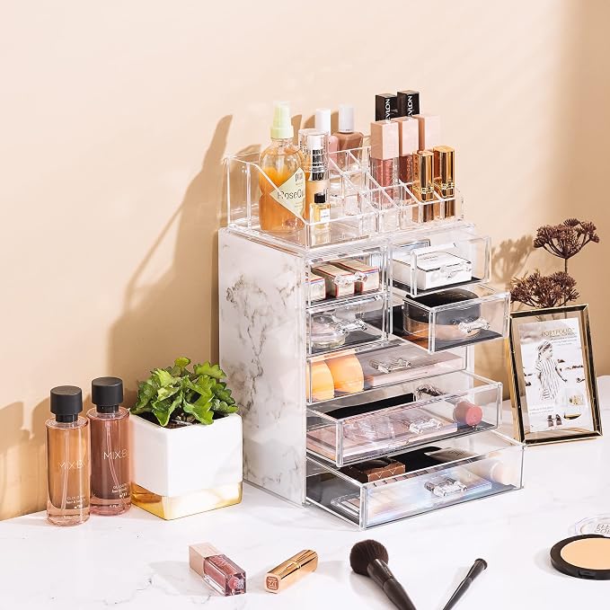 Sorbus Acrylic Makeup Organizer Set, 7-Drawer Vanity & Countertop Cosmetic Storage with Small & Wide Compartments, Marble Print Makeup Storage for Brushes, Jewelry – Holiday Gift for Women & Teens - Image 5