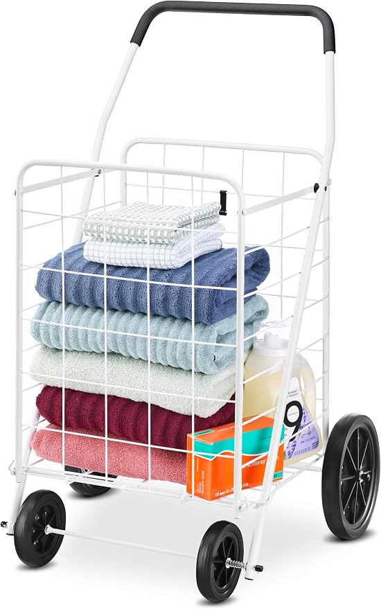 Whitmor Deluxe Utility Foldable Shopping Cart with Wheels, 100 Lb Capacity, Heavy Duty Grocery Cart with Steel Frame, Foam Handle, Rolling Folding Utility Trolley for Grocery, Laundry, Travel, White - Image 7