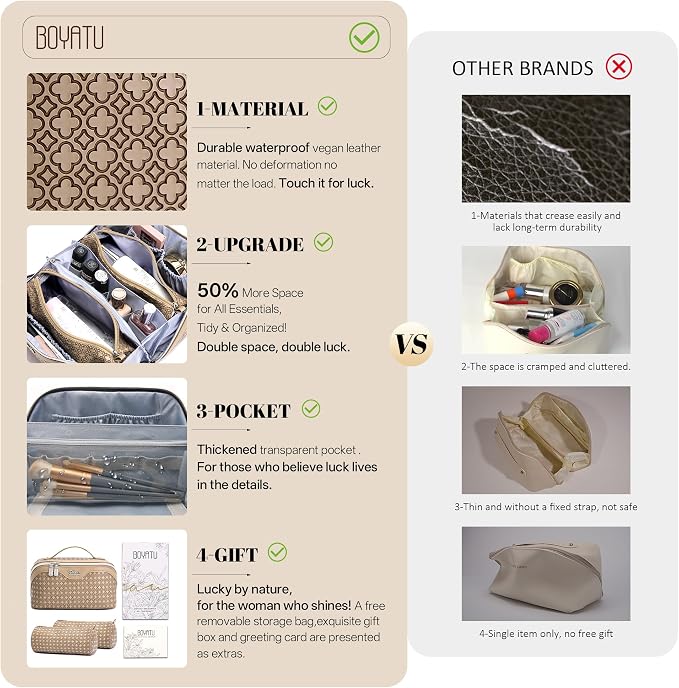 BOYATU Travel Makeup Bag for Women: Four Leaf Clover Large Capacity 3 Pcs Set Cosmetic Bags - Waterproof 50% Extra Space for Toiletry Organizer - Travel Essentials for Fortunate (05 Brown) - Image 2