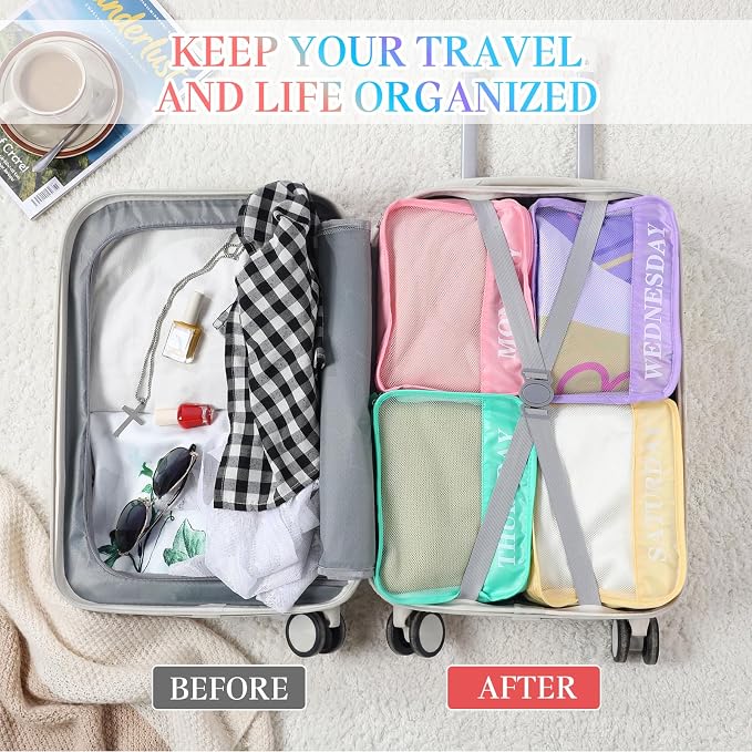 Days of Week Packing Cubes Summer Camp Essentials Weekly Organizer Storage Bag School Clothes for Travel Kids Family(9x7x3inch,Macaron,32) - Image 4
