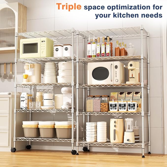 5-Tier Heavy Duty Metal Shelf,Chrome Wire Shelving Unit 35" Wx18 Dx71 H,Height Adjustable Storage Wire Shelves with Lockable Wheels for Garage,Kitchen,Office,Bathroom,Studio - Image 3