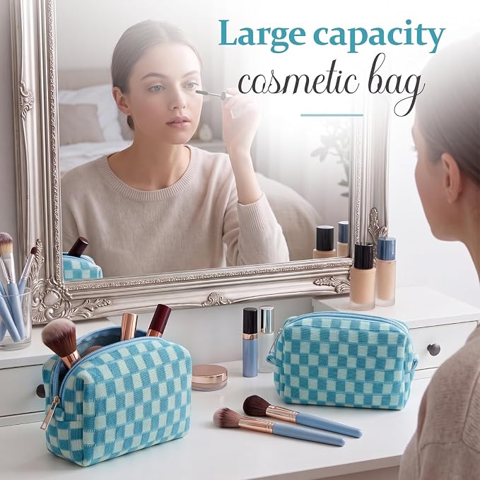 Gilprop 8 Pcs Checkered Makeup Bag for Purse Small Cosmetic Pouch Bulk Portable Zipper Makeup Pouch Travel Toiletry Organizer Gifts for Women Bridesmaid Wedding Party Favors (Lake Blue) - Image 6