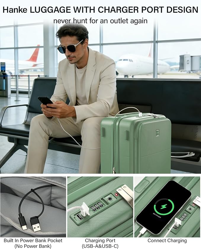 Hanke 20 Inch Expandable Carry On Luggage with Cup Holder 22x14x9 Airline Approved, Top Opening Hard Shell Suitcases with Wheels, Carry-On Travel Suitcase Trunk Luggage with Lock, Forest Green - Image 5