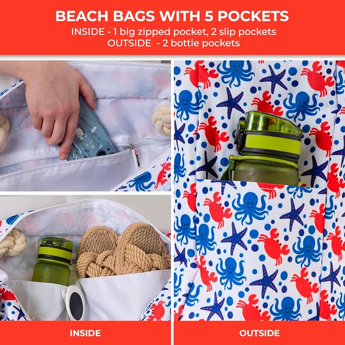 Beach Bag and Pool Bag Has Cooler Pocket, 7 Pockets Total, Zip Top. Family Size Waterproof Beach Tote - Image 7