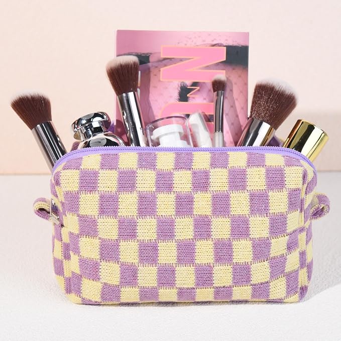 SOIDRAM Checkered Makeup Bag Preppy Cosmetic Bag Bulk Purple Makeup Pouch Personalize Travel Toiletry Bag Organizer Cute DIY Makeup Brushes Storage Bag for Women - Image 7