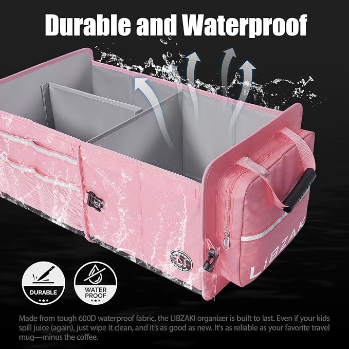 LIBZAKI Car Trunk Storage Organizer, Multi Compartment Collapsible Trunk Storage Box for Car Truck SUV-Pink - Image 2