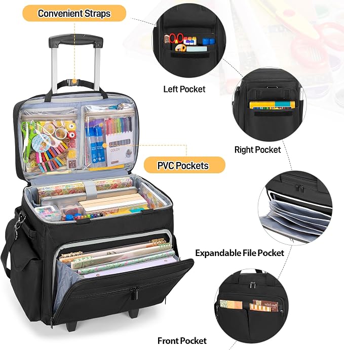 Trunab Rolling Scrapbook Tote with File Pocket & Trolley, Craft Organizer | Expandable File Pocket, Detachable Trolley, Padded Sleeves for 15.6" Laptop, Scrapbooking Supplies & Art Tools - Image 3