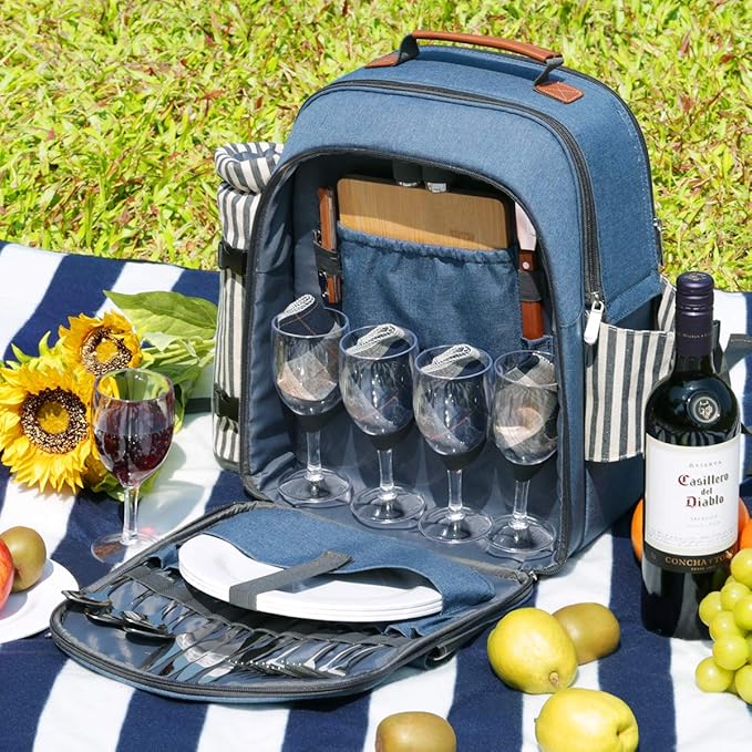 Sunflora Picnic Backpack for 4 Person Set Pack with Insulated Waterproof Pouch for Family Outdoor Camping(Blue & Stripe) - Image 8